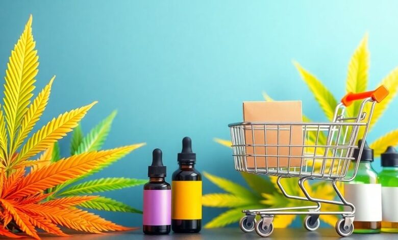 Vibrant cannabis elements with a digital shopping cart.