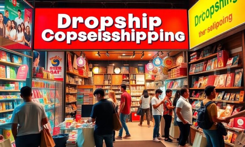 Colorful dropshipping storefront with customers and products.