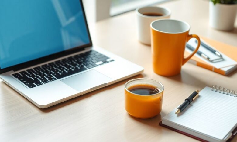 Workspace with laptop, coffee, and notepad for efficiency.