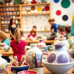 Colorful pottery studio with artists painting pottery.