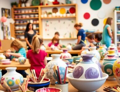 Colorful pottery studio with artists painting pottery.