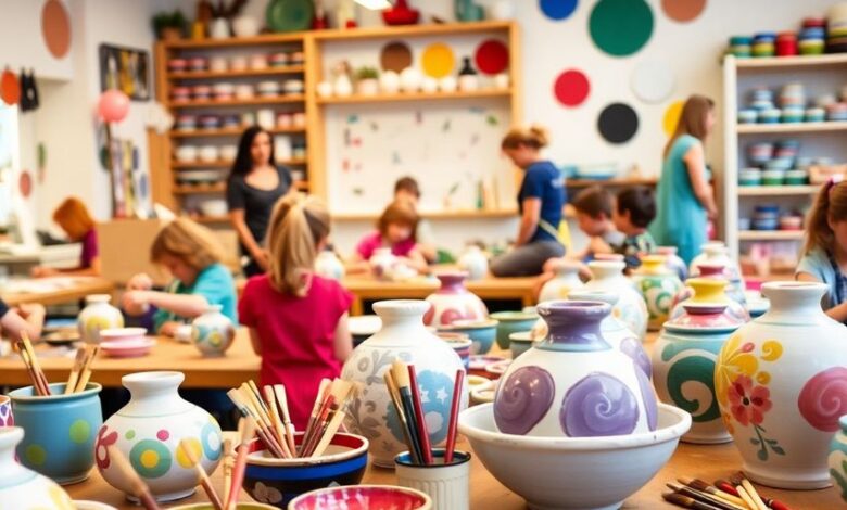 Colorful pottery studio with artists painting pottery.