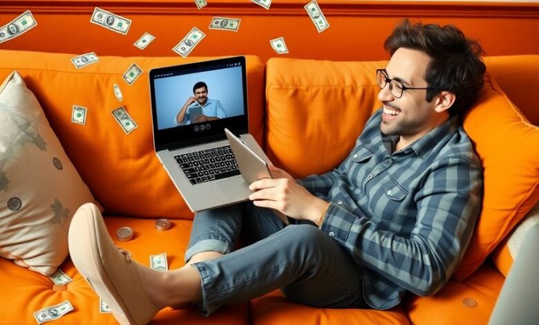 Person enjoying videos on laptop with money around.