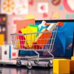 Laptop with shopping cart and colorful products around it.