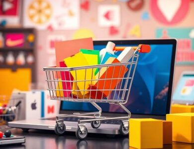 Laptop with shopping cart and colorful products around it.