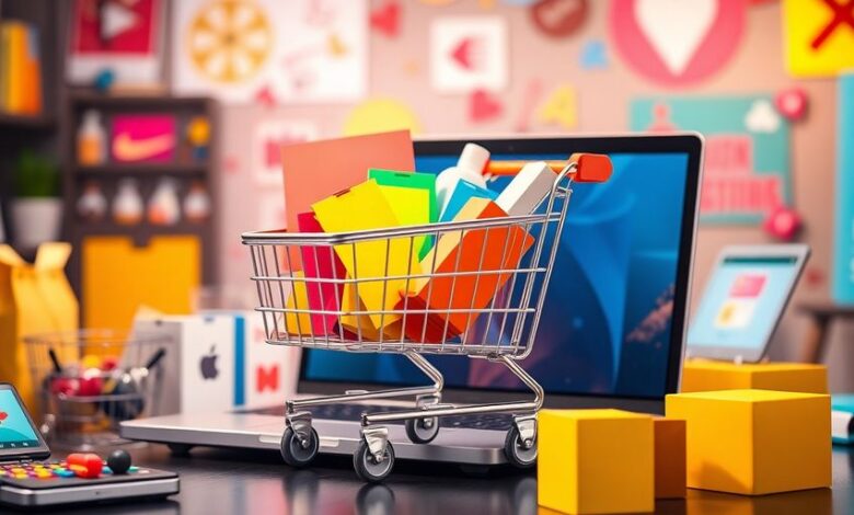 Laptop with shopping cart and colorful products around it.