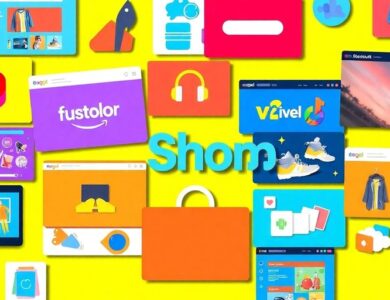 Colorful collage of online shopping websites and products.