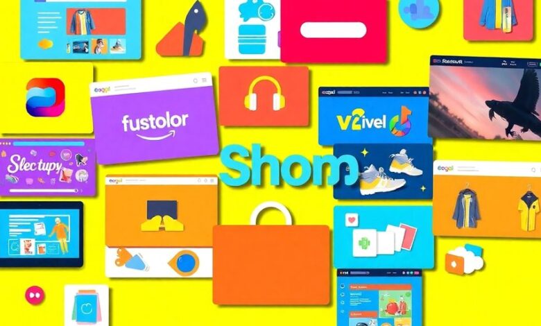 Colorful collage of online shopping websites and products.