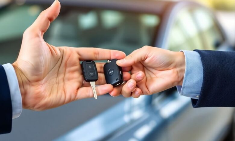 Hand passing car keys, blurred car in background.