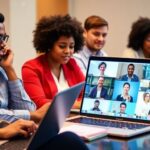 Diverse students learning business online with laptops.