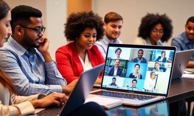 Diverse students learning business online with laptops.