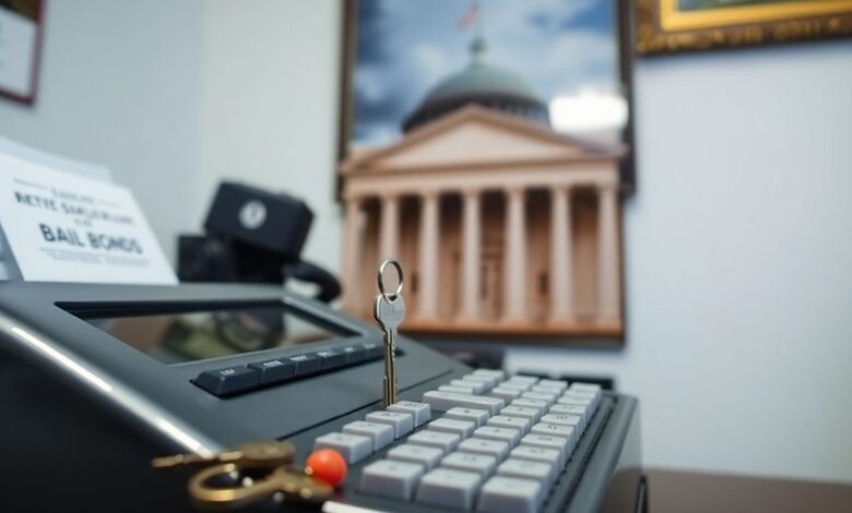 Bail bonds office with cash register and courthouse photo.