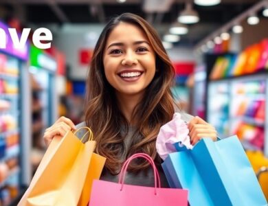 Happy customer shopping with bags full of products.