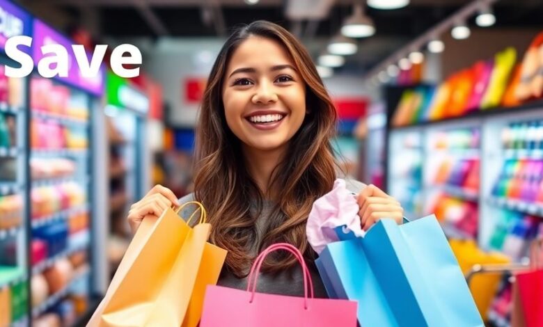 Happy customer shopping with bags full of products.