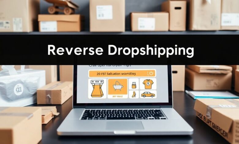 Modern workspace for reverse dropshipping with shipping supplies.