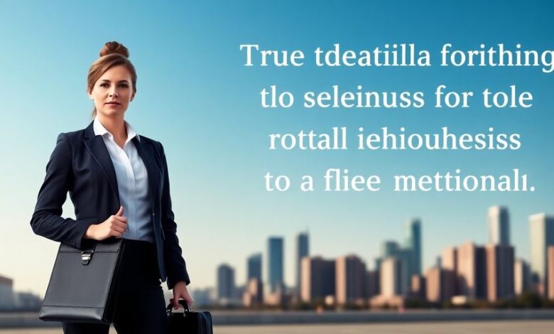 Confident woman in business attire with city skyline.