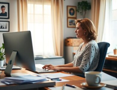 Cozy home office with a stepmom working on her computer.