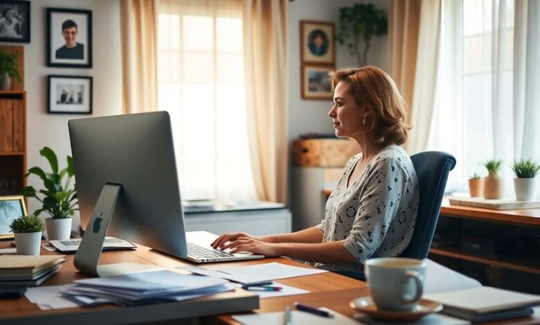 Cozy home office with a stepmom working on her computer.