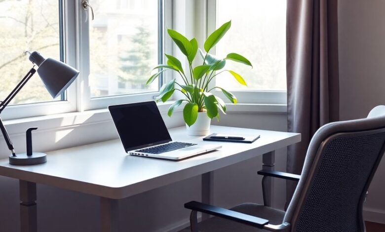 Home office with desk, laptop, and natural light.