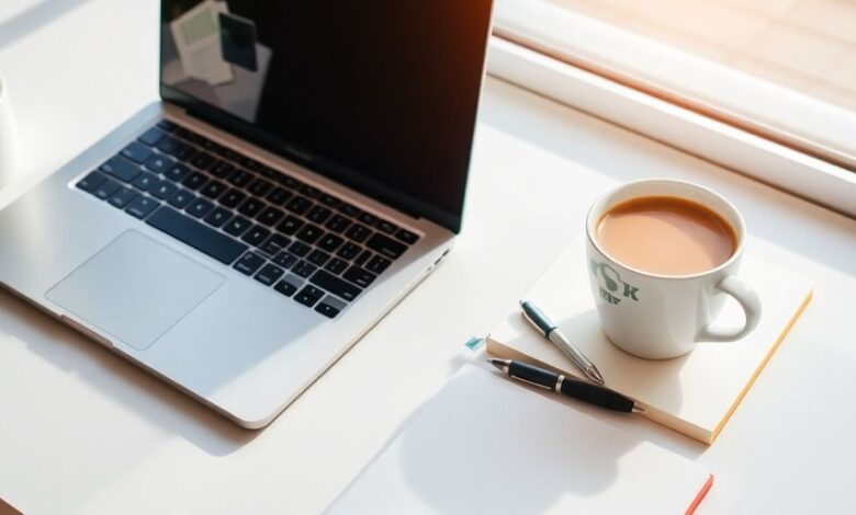 A bright workspace with a laptop and notepad.