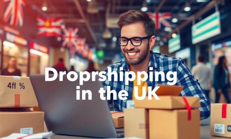 Entrepreneur with laptop and shipping materials for dropshipping.