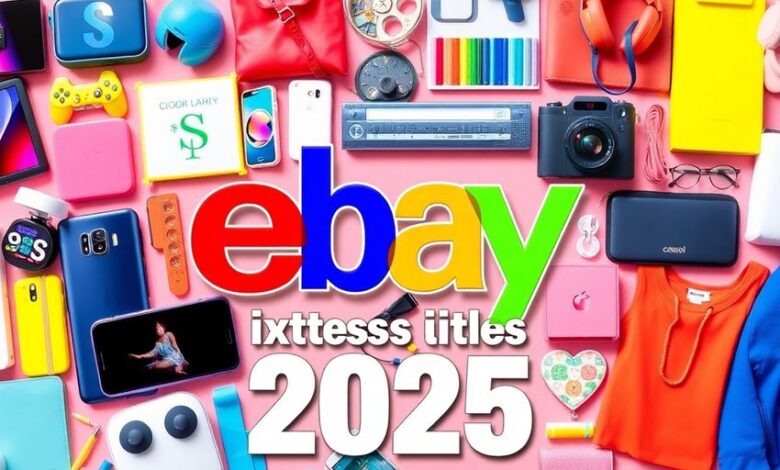 Colorful collage of trending eBay products for 2025.