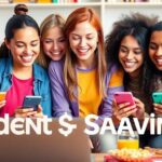 Diverse students happily shopping online for discounts.