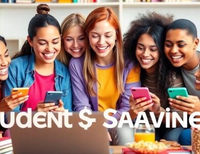 Diverse students happily shopping online for discounts.