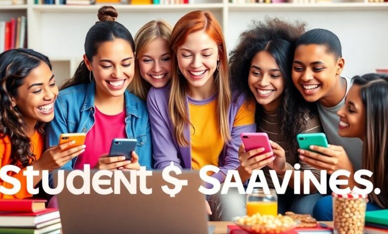 Diverse students happily shopping online for discounts.