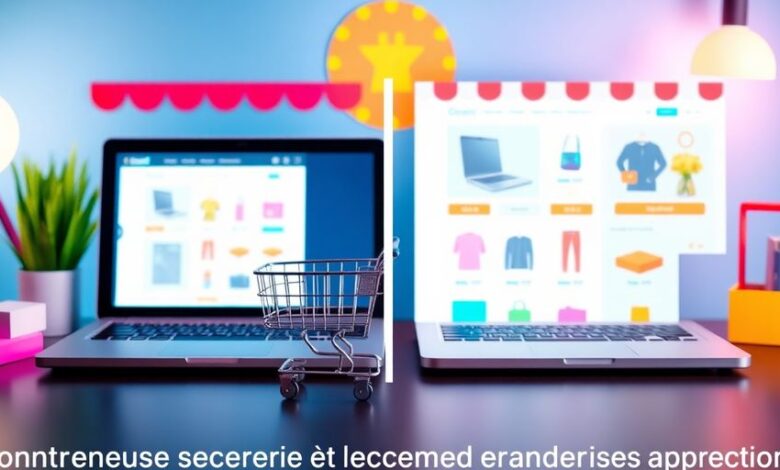 E-commerce setup with laptop and shopping cart.