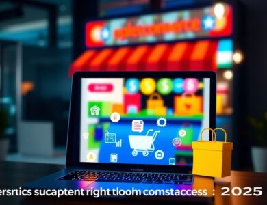 E-commerce laptop with colorful shopping icons background.