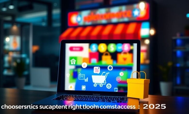 E-commerce laptop with colorful shopping icons background.