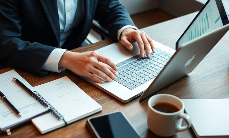 Business professional using laptop for online banking.