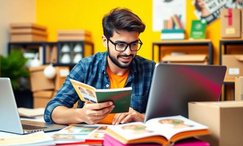 Entrepreneur working with products in a vibrant workspace.