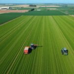 Aerial view of farmland with machinery and crops.