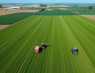 Aerial view of farmland with machinery and crops.