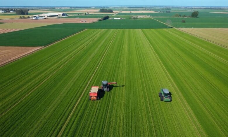 Aerial view of farmland with machinery and crops.