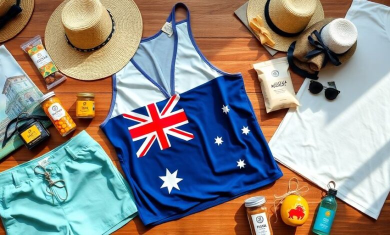 Colorful Australian products arranged on a wooden table.