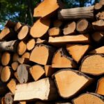 Stacked firewood logs in a rustic outdoor setting.