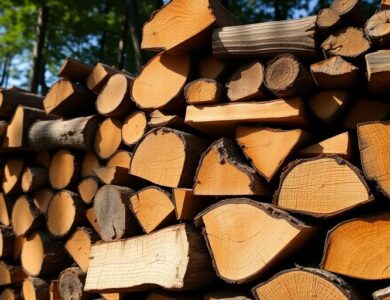 Stacked firewood logs in a rustic outdoor setting.