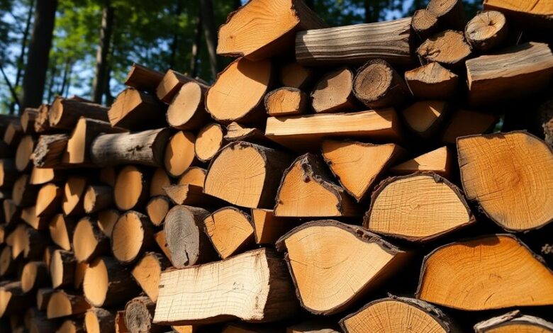 Stacked firewood logs in a rustic outdoor setting.