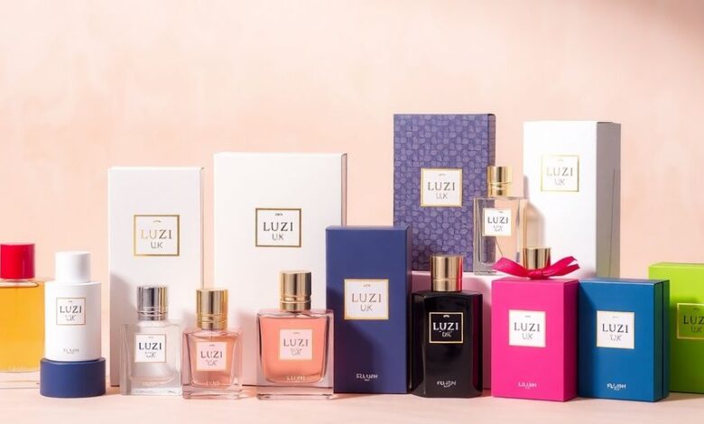 Elegant Luzi UK fragrance products arranged in vibrant colors.