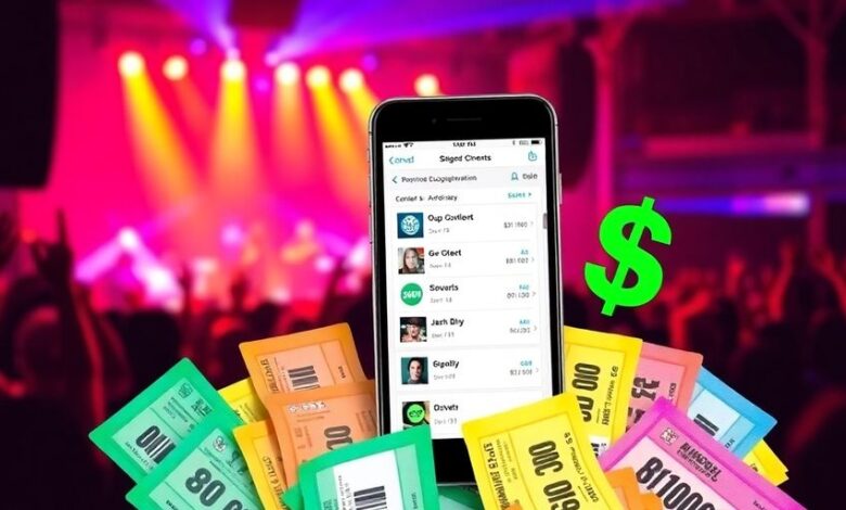 Smartphone showing event tickets with colorful stubs.