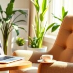 Cozy home office with laptop and coffee cup.