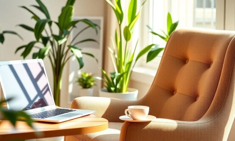 Cozy home office with laptop and coffee cup.