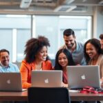 Diverse professionals collaborating in a modern tech office.