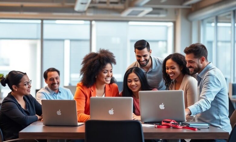 Diverse professionals collaborating in a modern tech office.